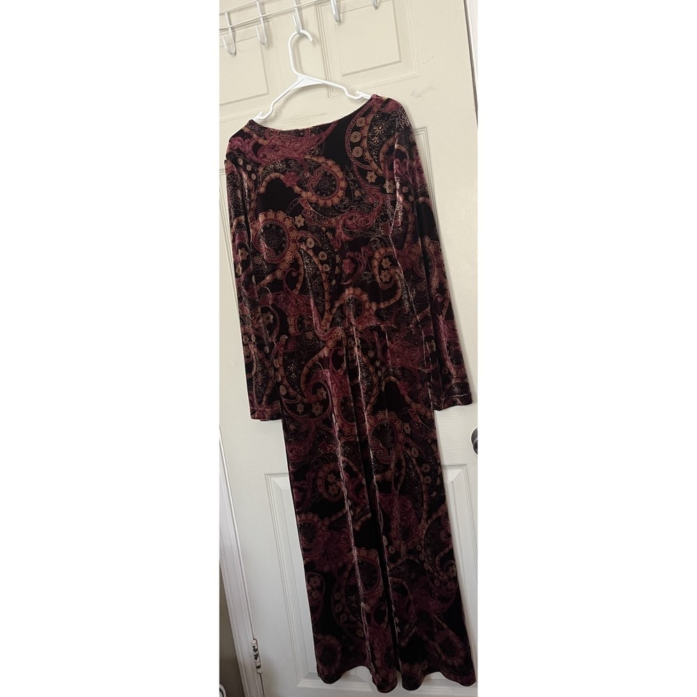 Vtg Studio Ease Velvet Paisley Boho Maxi Dress Stretch Red Women's 16 Whimsigoth - Picture 6 of 8